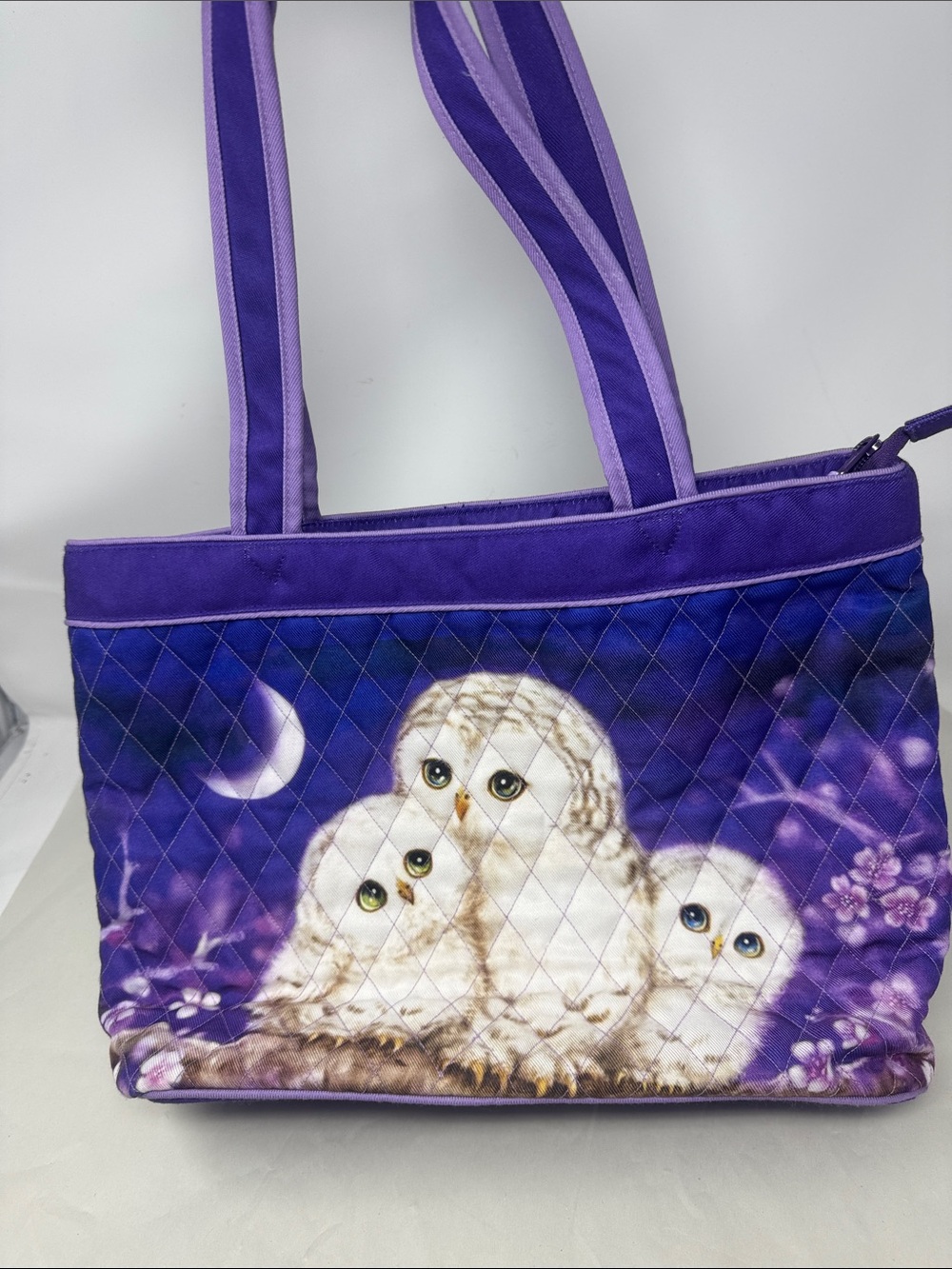 THE BRADFORD EXCHANGE TOTE BAG WHITE OWLS KAYOMI HARAI MOON QUILTED